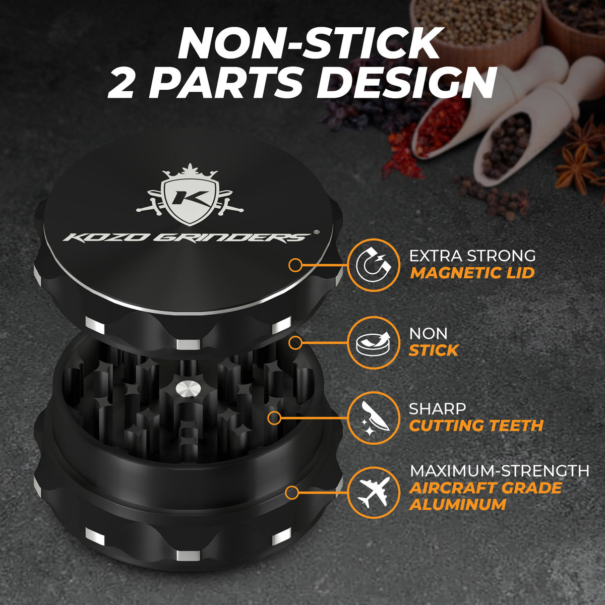 Kozo 2-Piece Non-Stick, Ceramic Coating 2.5" Aluminum Grinder