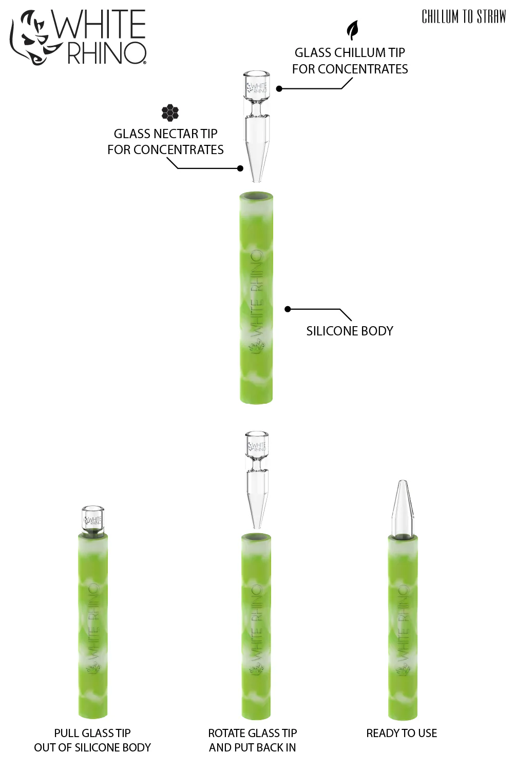 White Rhino - Premium Quartz Chillum To Straw Glow In The Dark (25ct) - view 3 | Puff Wholesale